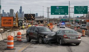Traffic accident inside a Chicago highway construction zone involving temporary lane shifts