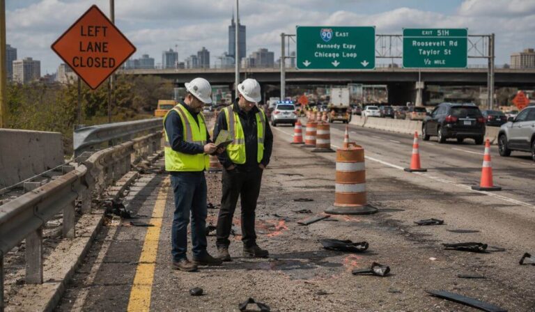 Investigators reviewing roadway conditions after a Chicago construction zone accident