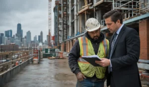 Chicago construction worker reviewing a workers’ compensation claim with an attorney at a jobsite