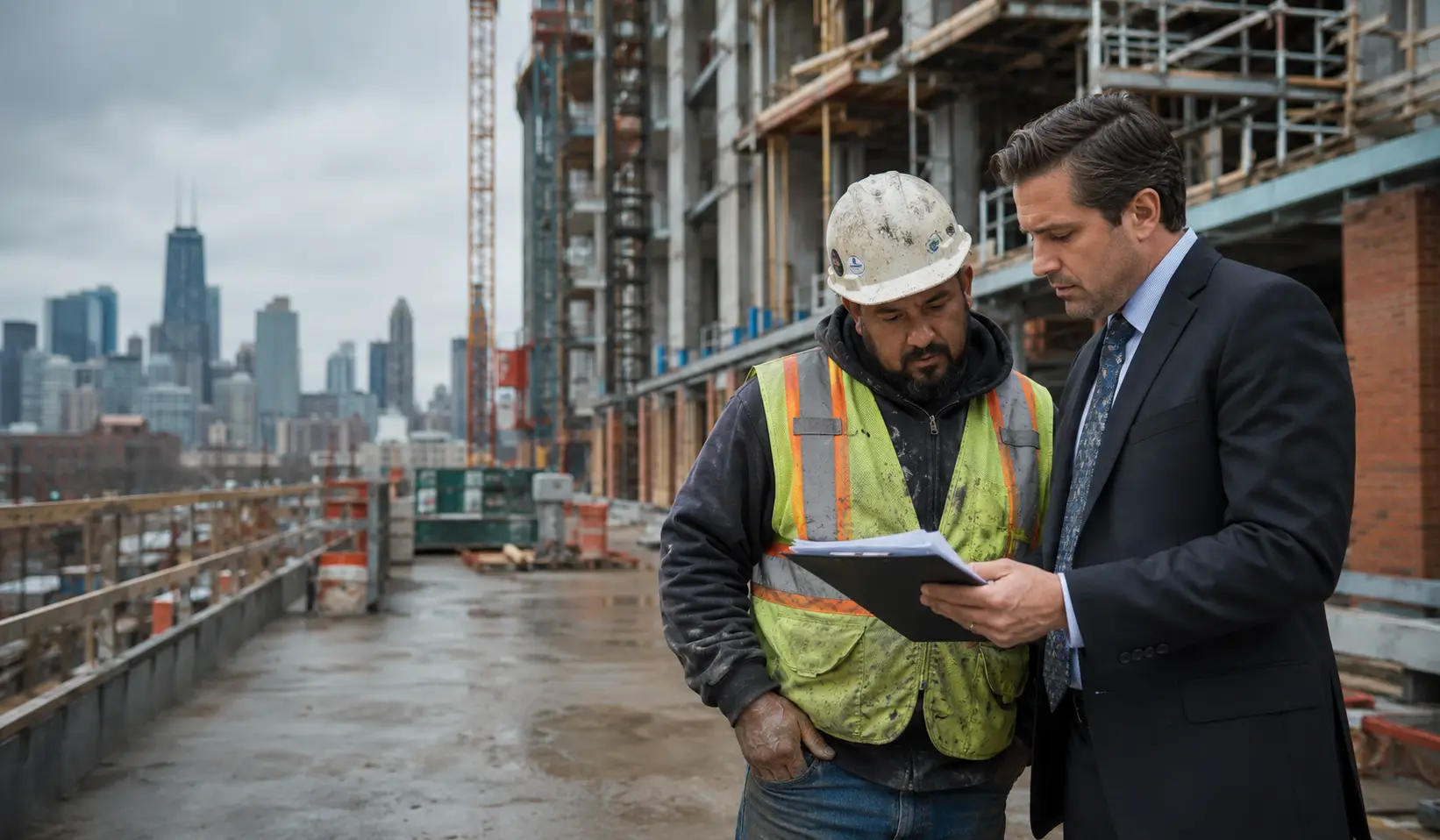 Chicago construction worker reviewing a workers’ compensation claim with an attorney at a jobsite